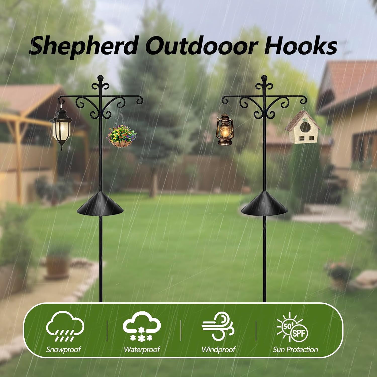 92Inch Shepherds Hooks for Outdoor with Squirrel Baffles – 6 Adjustable Hooks, 5 Prongs Base – Tall Bird Feeder Pole & Garden Stand for Hanging Plants, Lanterns, Hummingbird Feeders (black, 92inch)