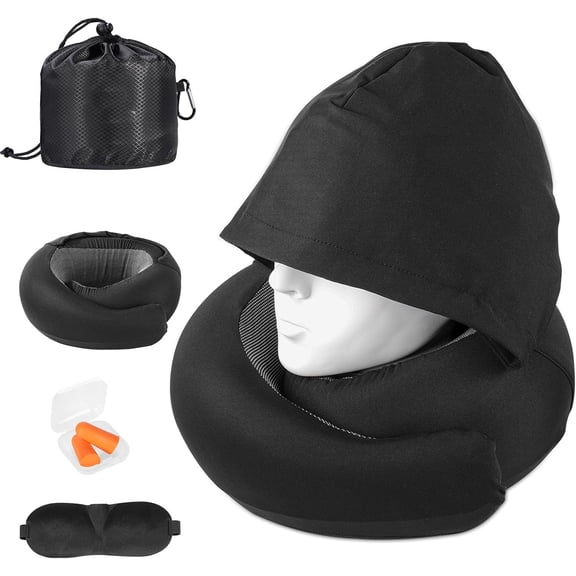 IKPYTREE Hooded Travel Neck Pillow, Memory Foam Airplane Pillow with Eye Mask and Earplugs for Car Office Road Trips and Flights, Black