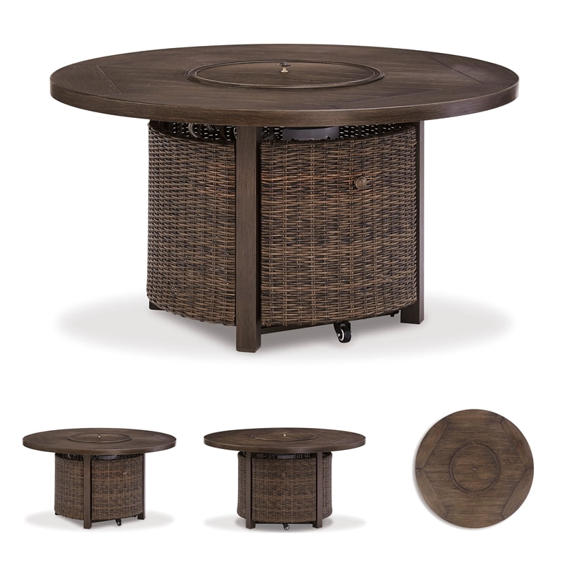 Signature Design by Ashley Paradise Trail Round Fire Pit Table in Medium Brown