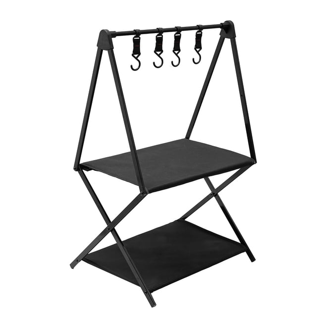 Graflsoa Étagère de Camping Pliante en Aluminium Portable avec Crochets, Table de Rangement Extérieure Noire à 2 Niveaux pour la Randonnée et les Pique-Niques