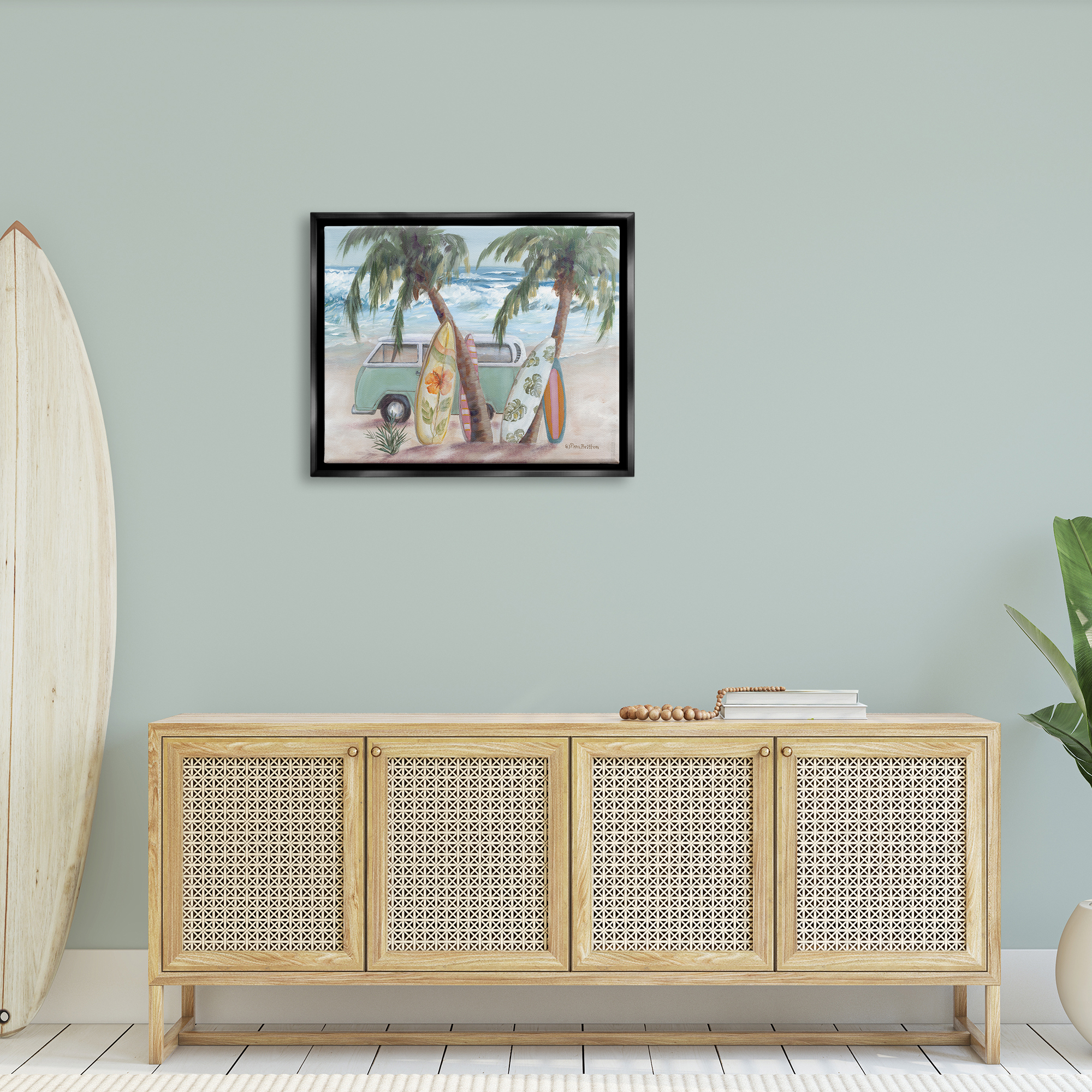 Stupell Summer Waves Tropical Van Surfboards Landscape Painting Black Floater Framed Art Print Wall Art