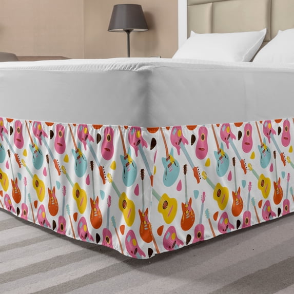 Guitar Bed Skirt, Entertainment Equipment Concept Summer Festival Pattern with Colorful Instruments, Elastic Bedskirt Dust Ruffle Wrap Around for Bedding Decor, 4 Sizes, Multicolor, by Ambesonne