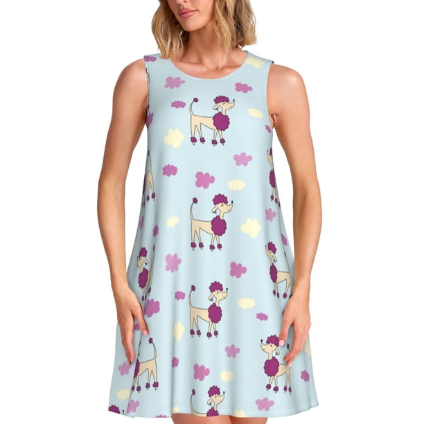 Easygdp Poodle Dog para Vestido Transpirable de Mujer, Vestido Suelto de Manga Corta con Pliegues y Bolsillos para el Verano