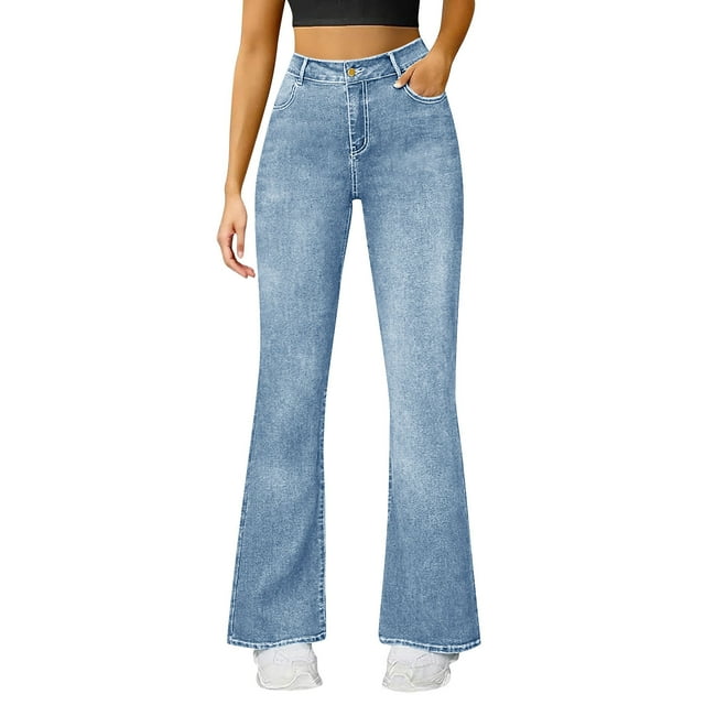 HongQid Women's Trendy Stretchy Flare Jeans Mid Rise Bootcut Curvy Denim Pants
