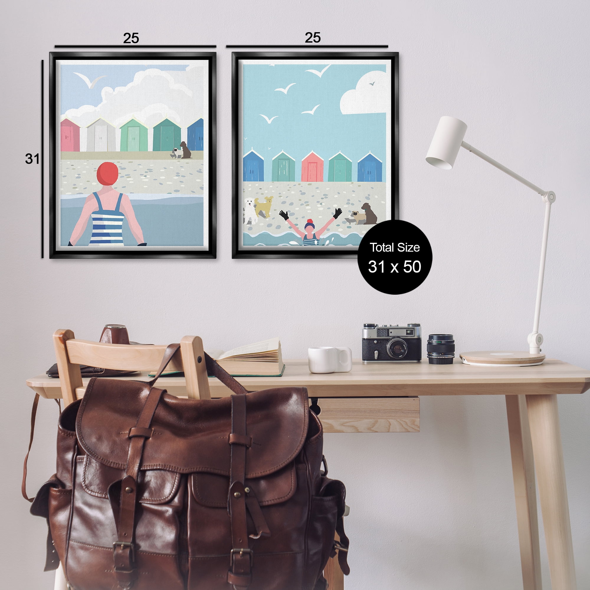 Stupell Industries Beach Changing Huts Dogs Nautical & Beach Painting Black Floater Framed Canvas Art Print Wall Art, 31 x 25, Set of 2