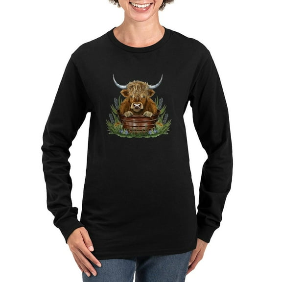 CafePress - Highland Cow Sitting In A Metal Women's Long Sleeve T Shirt - Women's Long Sleeve Graphic Tee Casual Fit