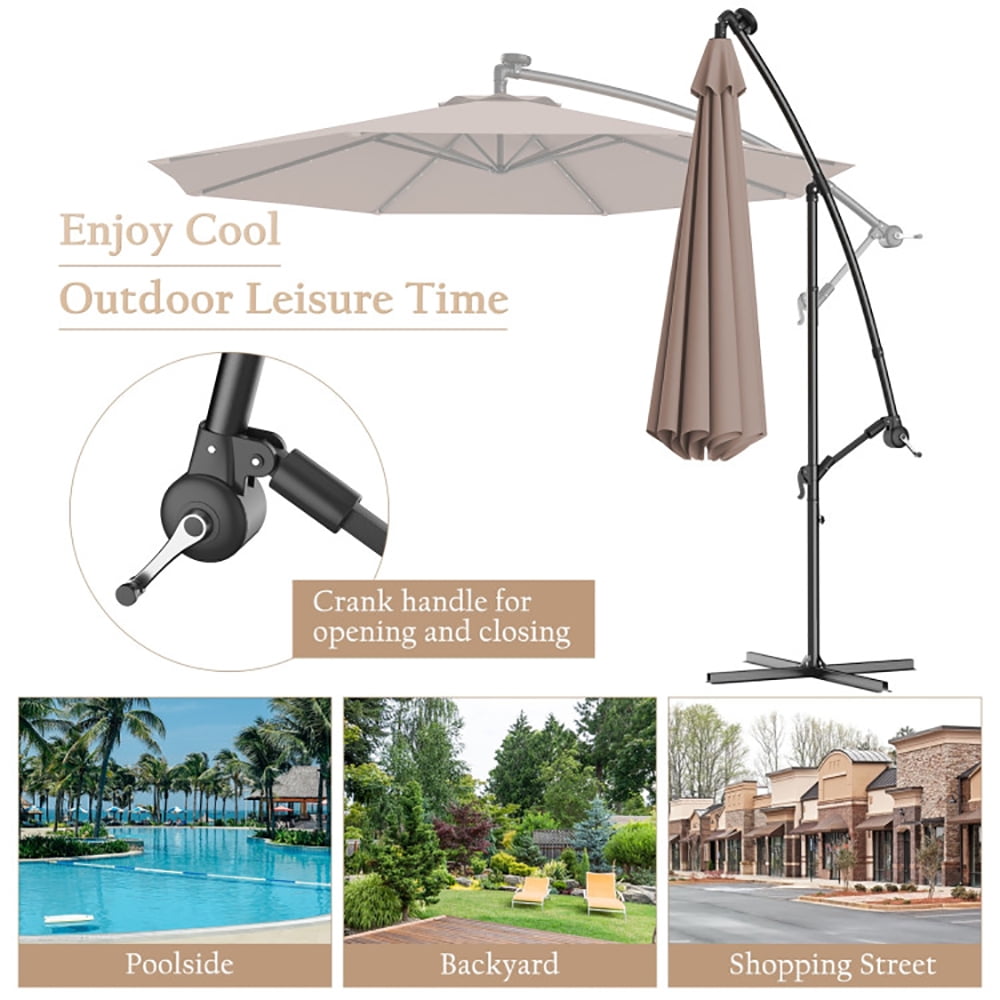 Aimee Lii 10 Feet Patio Hanging Solar LED Umbrella Sun Shade with Cross Base, Table Umbrella Outdoor Patio, Tan
