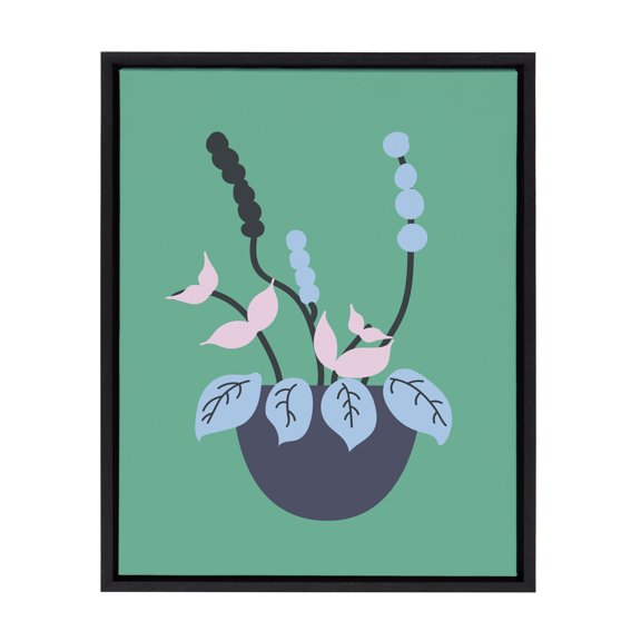 Kate and Laurel Sylvie Abstract Florals Green Framed Canvas Wall Art by Queenbe Monyei, 18x24 Black, Chic Floral Art Print for Wall