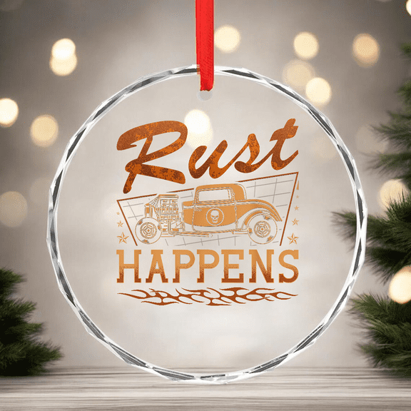 Funny Hot Rod Rusty Car Rust Happens Rat Rod Glass CIRCLE GLASS ORNAMENT Home Decor