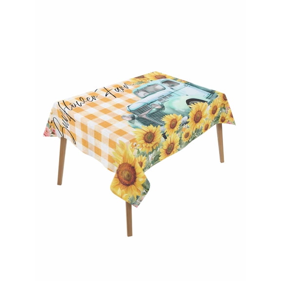 Sunflowers Trucks Table Cloth, Waterproof Tablecloth for Rectangle Tables, Spring Farmhouse Eucalyptus Orange Plaid Reusable Washable Fabric Table Cover for Restaurant Kitchen Dining Tables 60"x84"