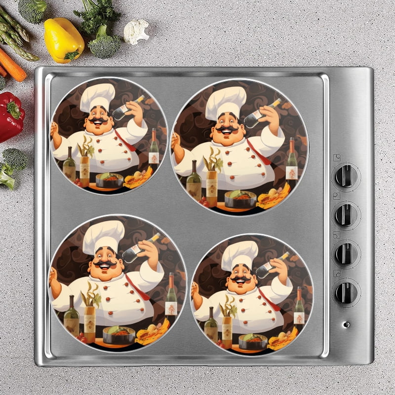 Bahomeck Electric Stove Burner Covers Set Of 4,Fat Happy Chef With Mustache Holding Wine Bottle And Fork In Front Metal Gas Stove Burner Covers,Protecting Gas Stoves,8 Inch And 10 Inch