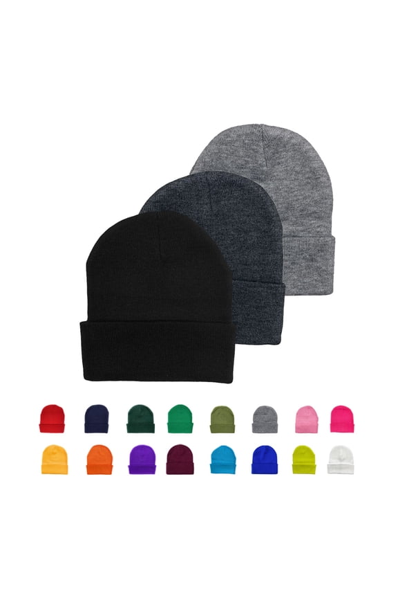 Cuffed Knit Beanie 3 Pack Set of Black Charcoal Heather Grey