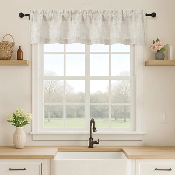 Faux Linen Valance 1 Panel 52"x12" – Light Filtering Dual Rod Pocket Short Window Curtain, Natural