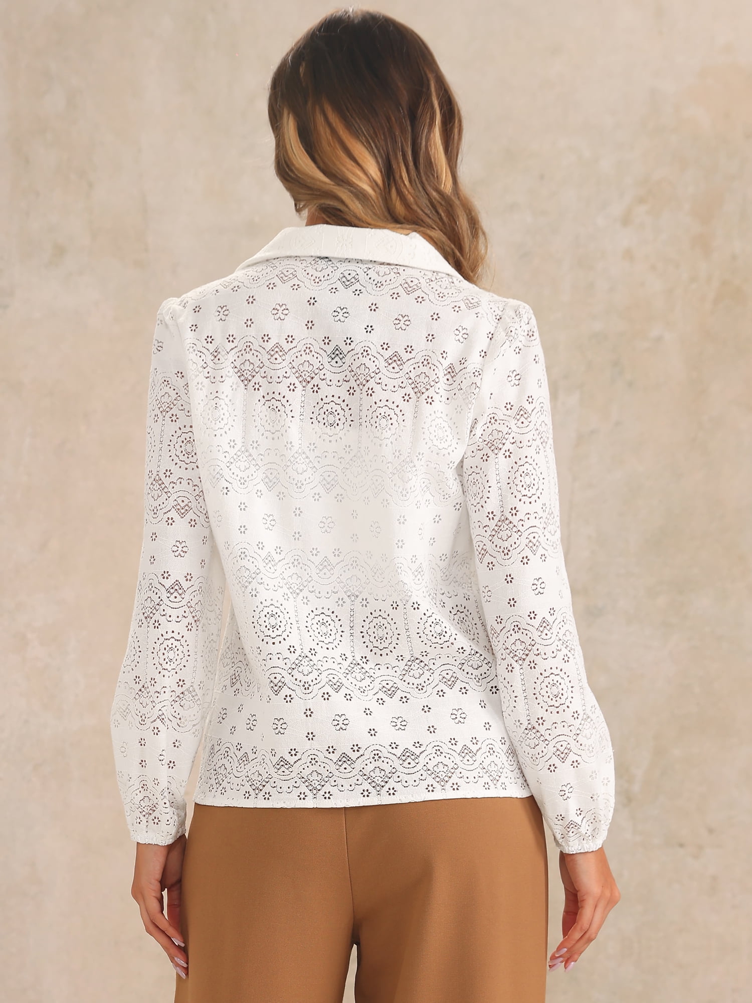 DARING DIVA Women's Eyelet Hallow Out Lace Sheer Button Down Shirt XS White