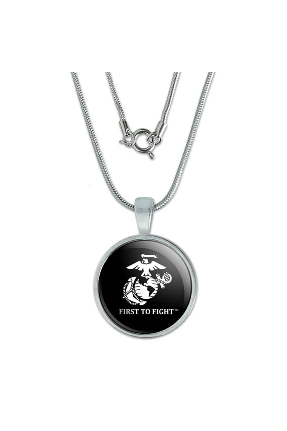 Marine Corps USMC First to Fight Black White Logo Officially Licensed 0.75" Pendant with Sterling Silver Plated Chain