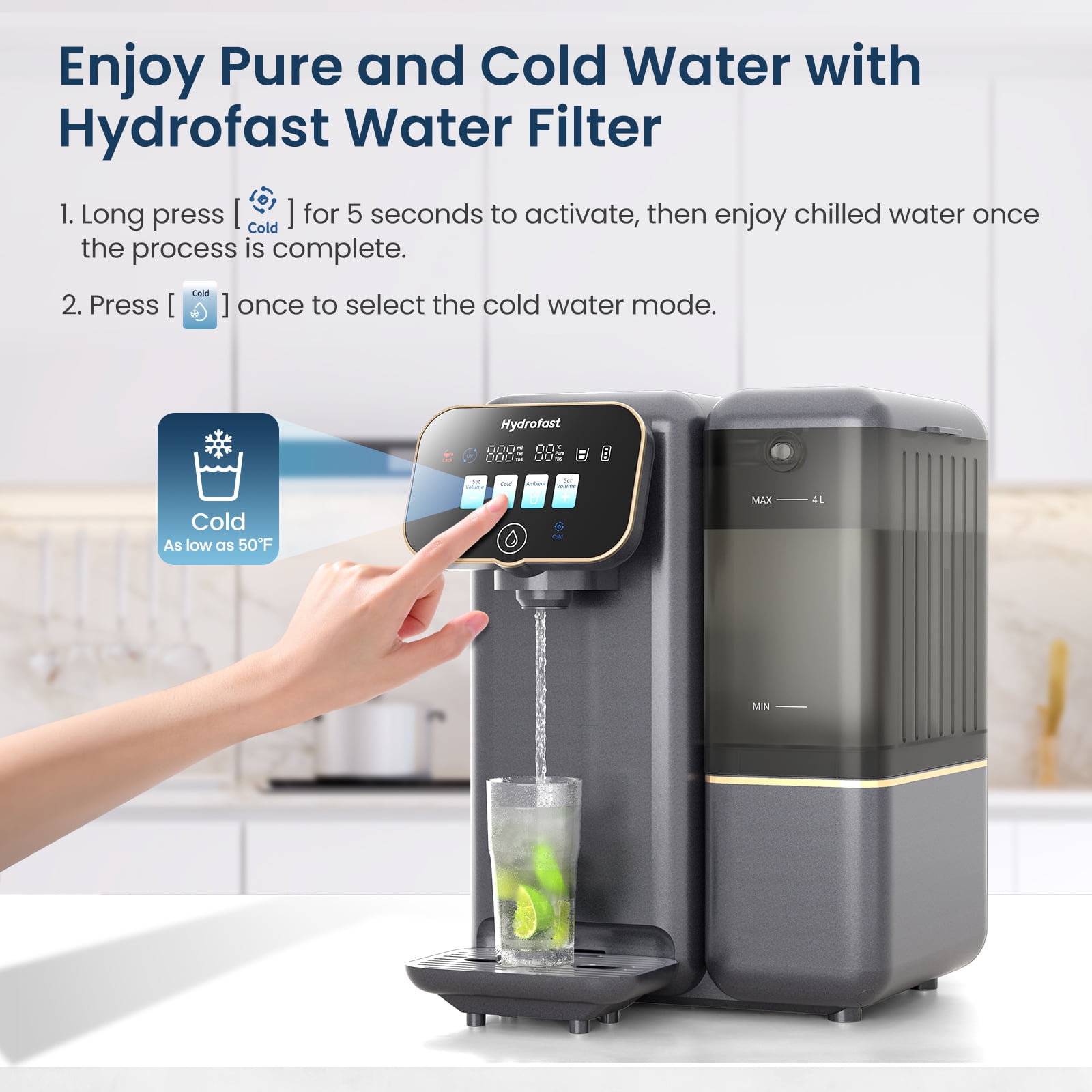 Hydrofast C100 Countertop RO Water Purifier, Home Water Purifier, Chilled (50°F) & Room Temp Water, 6-Stage Filtration, No Installation, Gray
