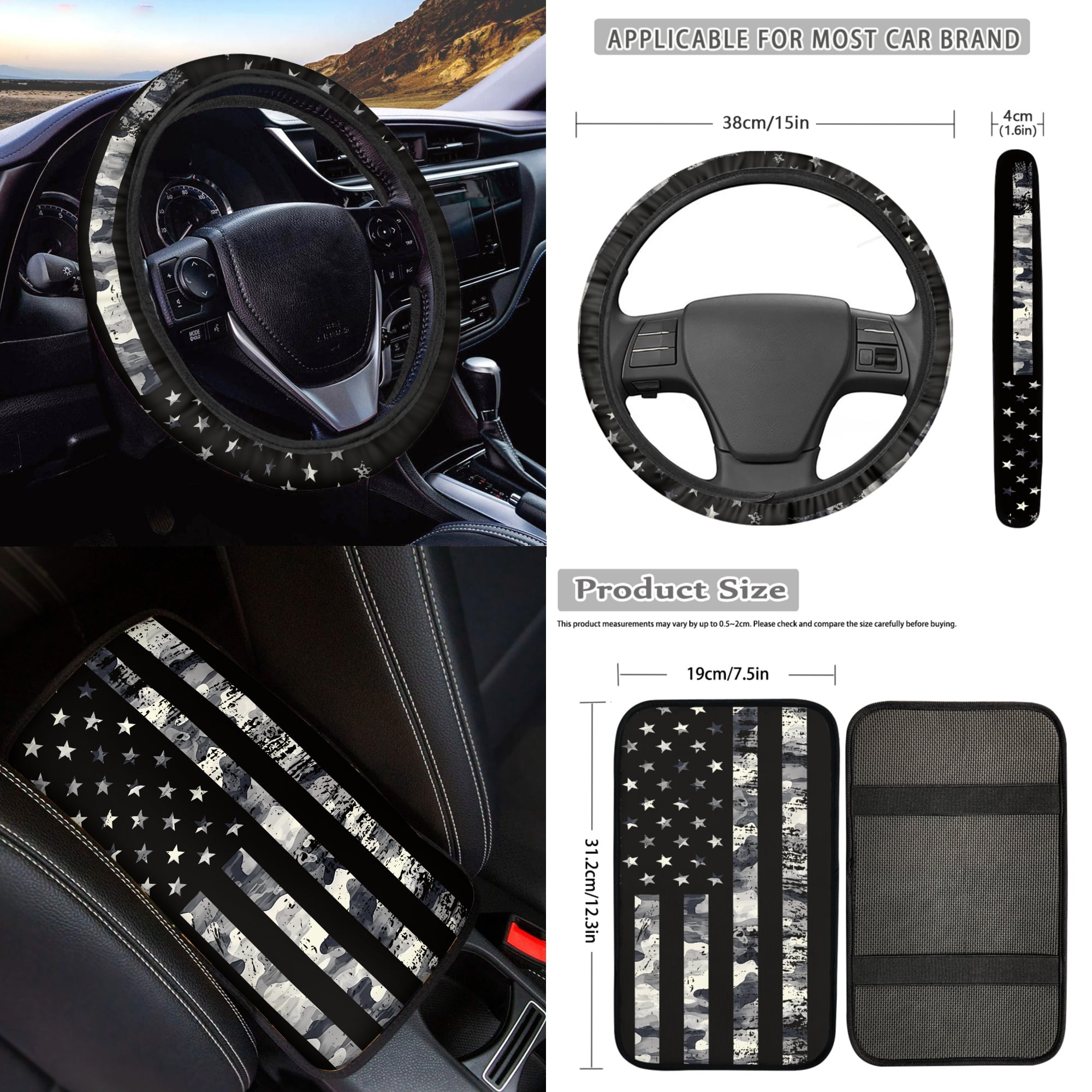 Jeiento American Flag 17 Pcs Car Seat Covers Full Sets for Women Men, Car Floor Mats with Steering Wheel Cover Armrest Cover Seatbelt Covers Cup Coaster Lipstick Keychain, 4Th of July Decor