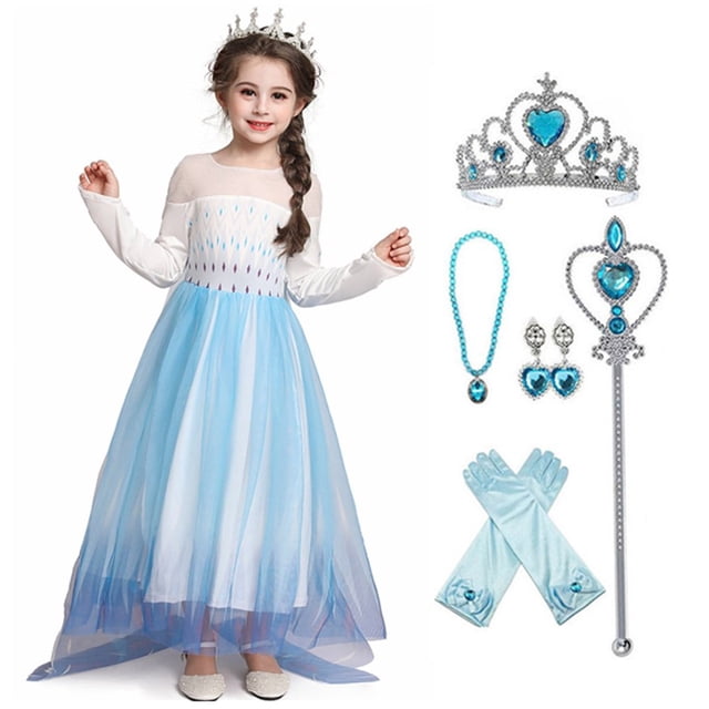HAWEE Robe Elsa pour Filles Halloween Noël Costume Robe de Princesse Chic avec Accessoires