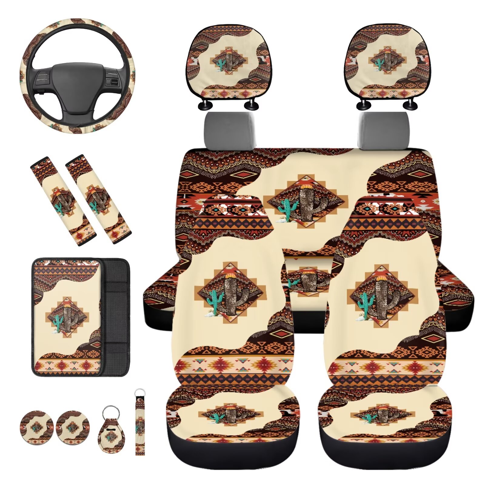 HUIACONG Aztec Car Seat Cover Full Set Brown Native American Tribal Geometric Decor Front and Back Seat Covers with Steering Wheel Cover Armrest Cover Seat Belt Pads Headrest Cover Coasters 14 Pcs