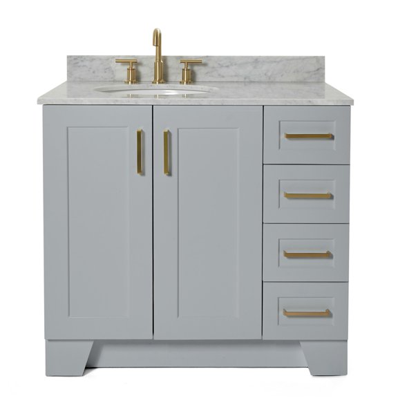Ariel Taylor 37 In. Left Offset Single Oval Sink Vanity With Carrara White Marble 0.75In Countertop In Grey