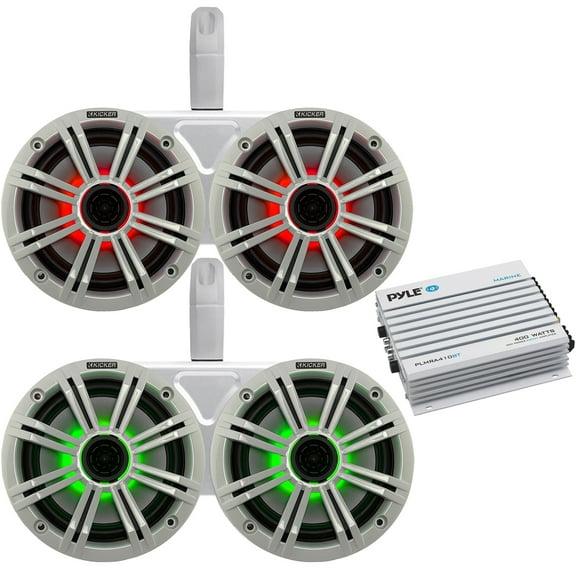 4 x Kicker 6.5" OEM Replacement 195W Coaxial 2-Way MultiColor LED Speakers (White Grilles) with Weather-Proof White Twin Tower Enclosures, Pyle 400W Bluetooth 4-Channel Amplifier