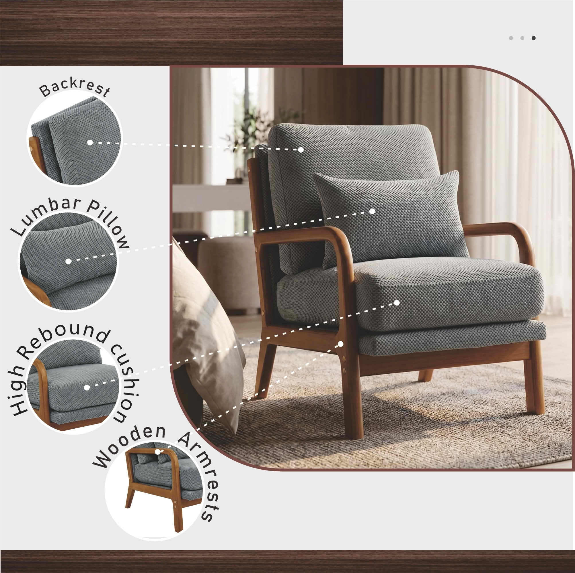 MAYEERTY 26 In Nubby Fabric Lounge Chair, Solid Wood Armrests, Lumbar Pillow, Light Gray, 300 lb