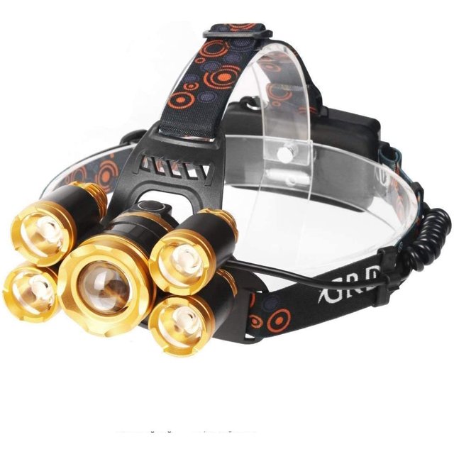 Faro delantero LED CREE superbrillante, 4 modos, 12000 lúmenes, 5 faros LED con batería recargable, cargador de coche, cargador de pared y cable USB, ideal para correr, acampar, senderismo y más (dorado) Ormromra WMZL-1528