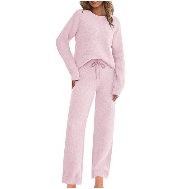 Pisexur Two Piece Sets for Women Winter Warm Fleece Sweatsuits Solid Color Crewneck Sweatshirts and Elastic Waist Drawstring Sweatpants Vacation Outfits Casual Comfy Track Suits XS-5XL