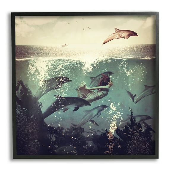 Stupell Industries Sea Life Mermaid Dolphins Splashing Diving Ocean Water Framed Wall Art, 17 x 30, Design by Paula Belle Flores