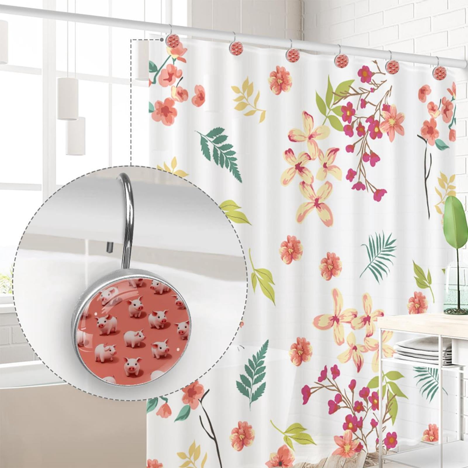 12pcs Decorative Shower Curtain Hooks, Rust Resistant Shower Rings for Bathroom Living Room,Rustproof Stainless Steel Rings for Shower Curtain and Liner Rods,Pig Pink Background