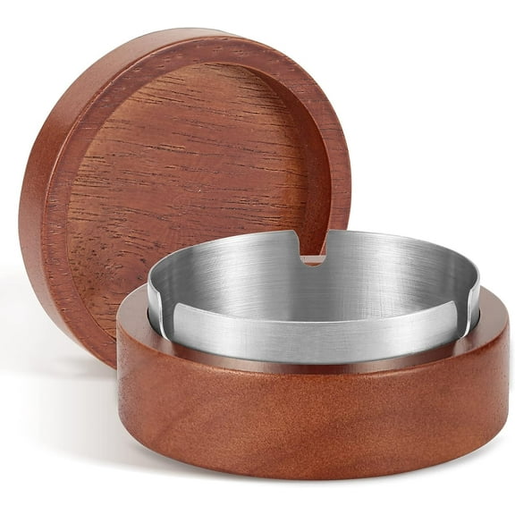 Wooden Ashtray with Lid for Smokers Stainless Steel Liner Ash Tray Windproof Durable Easy to Clean Cool Ashtrays for Indoor or Outdoor Use, Patio, Office & Home