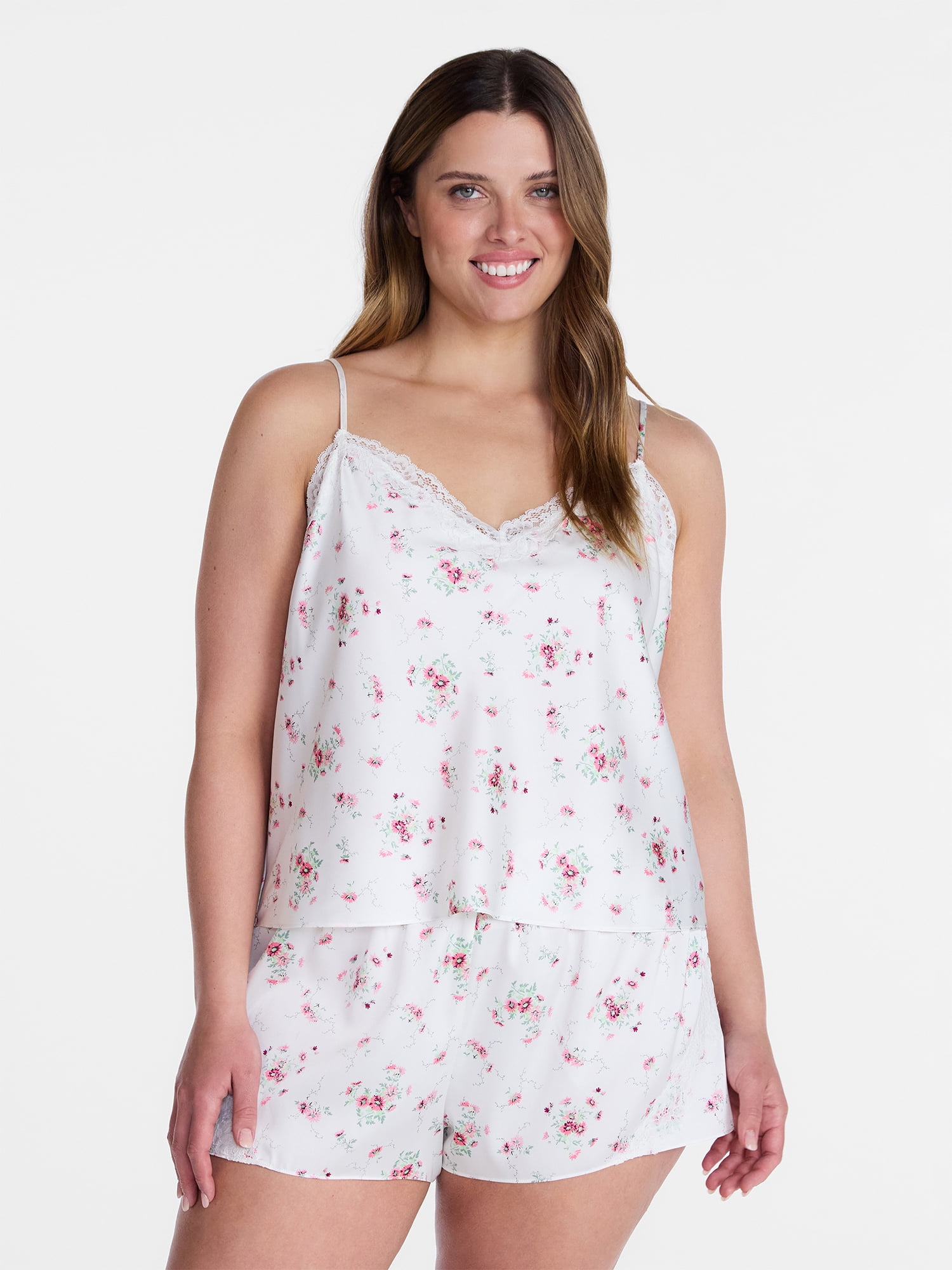 Joyspun Women's Lace Trim Stretch Satin Cami and Shorts Set, 2-Piece, Sizes XS-3X