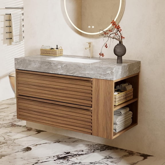 36" Floating Bathroom Vanity with Sink, Modern Wall Mounted Vanity Bathroom Storage Cabinet with Gray Sintered Stone Top White Ceramic Basin, Open Shelf