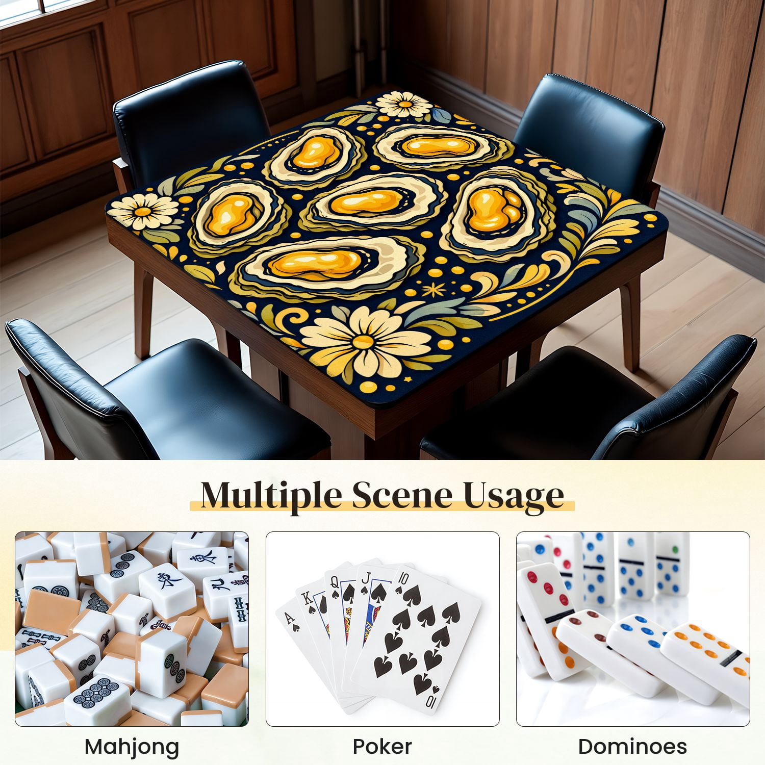 Mahjong Mat 31.5" x 31.5" Golden Oysters Vibrant Yellow Pearls Floral Non-Slip Noise Reduction Mahjong Tiles Table Cover for Dominoes Poker Card Board and Tile Games