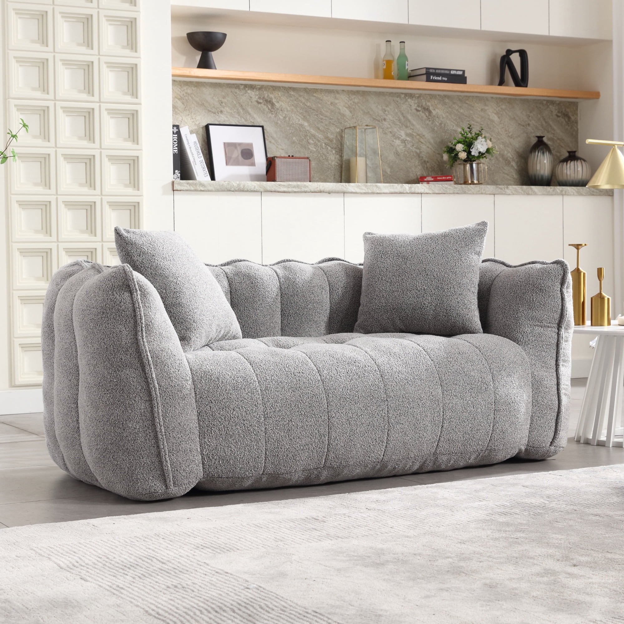 PORKISS Oversized Bean Bag Chair with 2 Pillows, Giant Large Loveseat Bean Bag Chair Couch for Adults Teens, Chenille Fabric Sofa, Grey