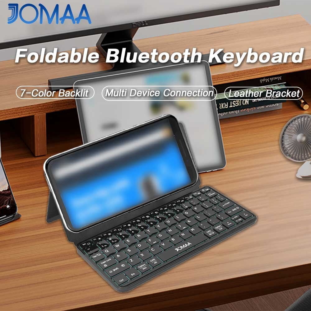 Mini Dual Bluetooth Keyboard with Any-Angle Kickstand & Leather Cover, Wireless Backlit Keyboard for Cell Phone, Ultra-Slim Portable, Rechargeable