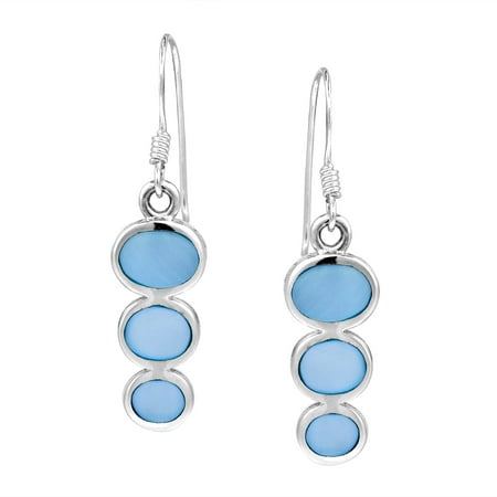 Mother Of Pearl Pattern Earrings - Cute Triple Oval Blue Mother of Pearl Sterling Silver Dangle Earrings
