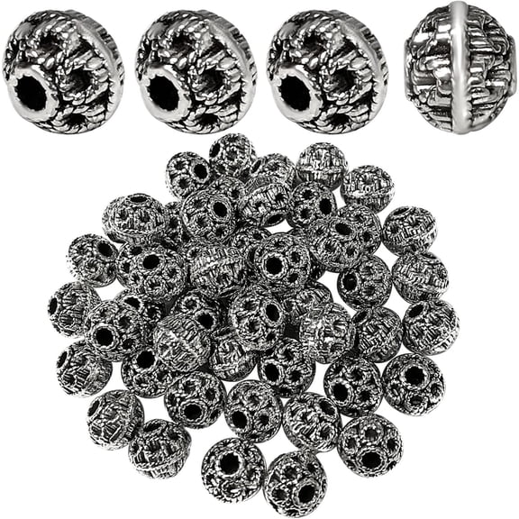 50pcs Antique Silver Spacers Beads Alloy Round Ball Spacer Beads Rondelle Beads Loose Bead Charm Beads for Jewelry DIY Bracelet  Making