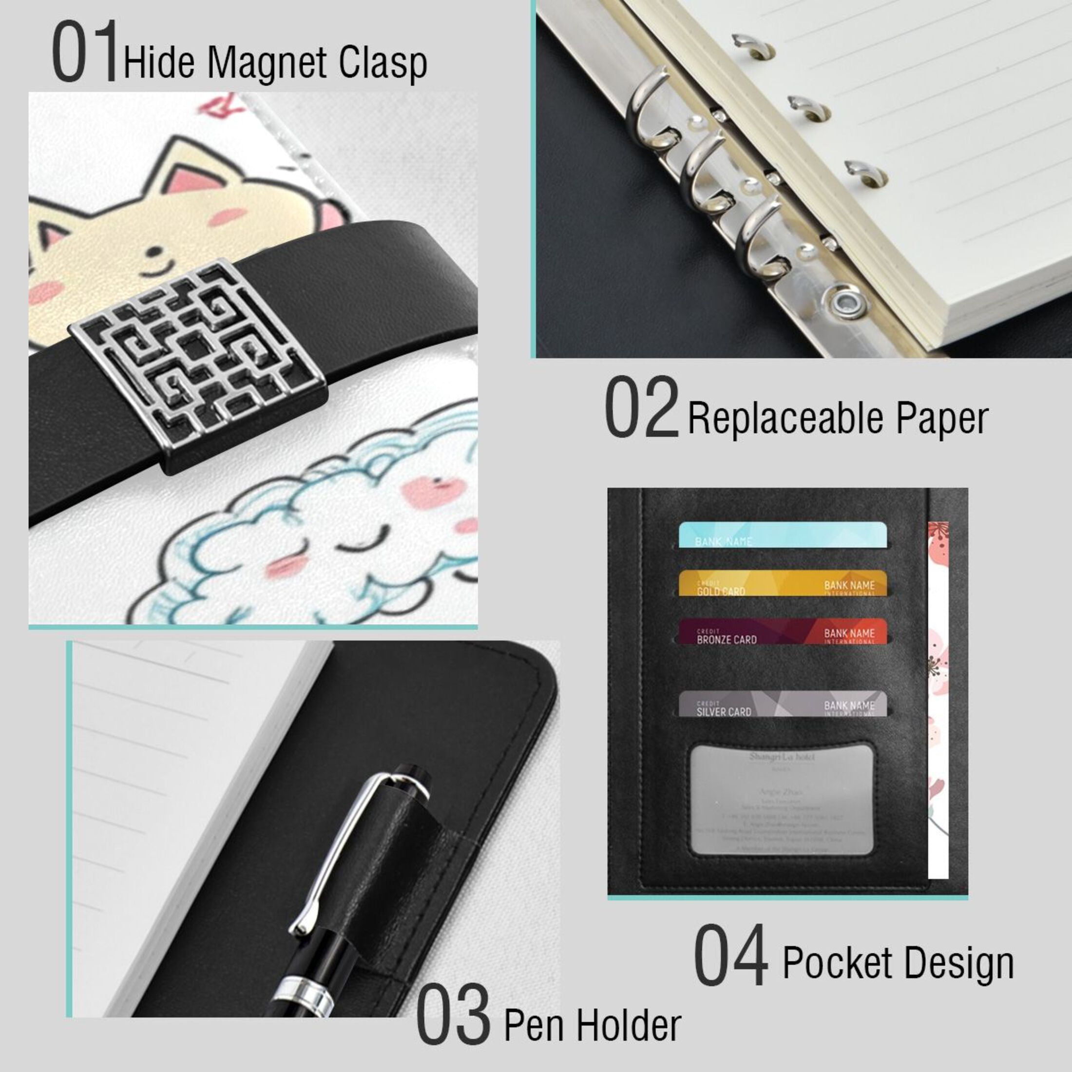 9.2x6.7 inch Leather Notebook 100 Sheets, Multi-Pocket Design & Pen Loop Cute Stickers Cartoon Drawings Refillable Journal Organizer