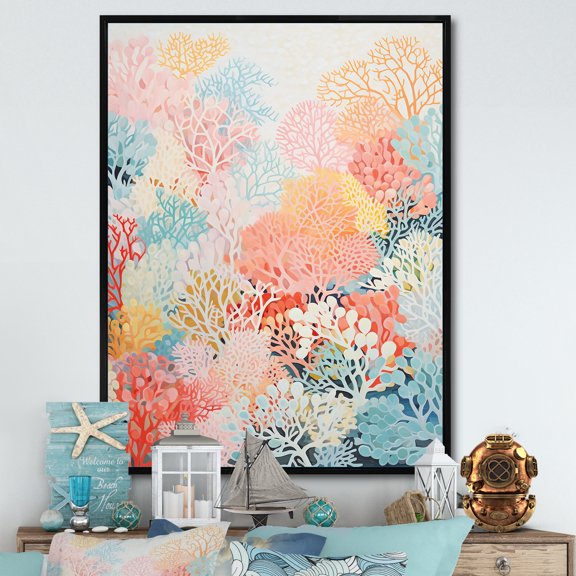 Designart "The Expressive Barrier Of The Coral Reef" Coastal Coral Under Water Floater Framed Wall Art Living Room