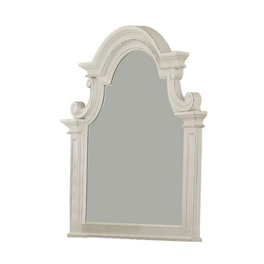 Scalloped Design Wooden Frame Mirror with Distressed Detail, White- Saltoro Sherpi