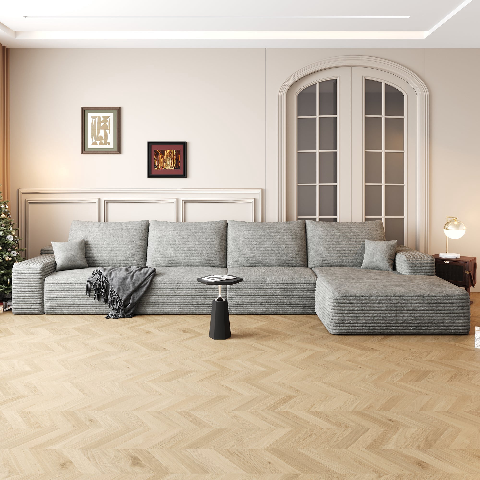 Sailvan 135" Cloud Sectional Couch, Cloudy Sofa with L-Shape Chaise, Upholstered Couches for Living Room & Bedroom, No Assembly Required, Plush Corduroy Fabric, Gray