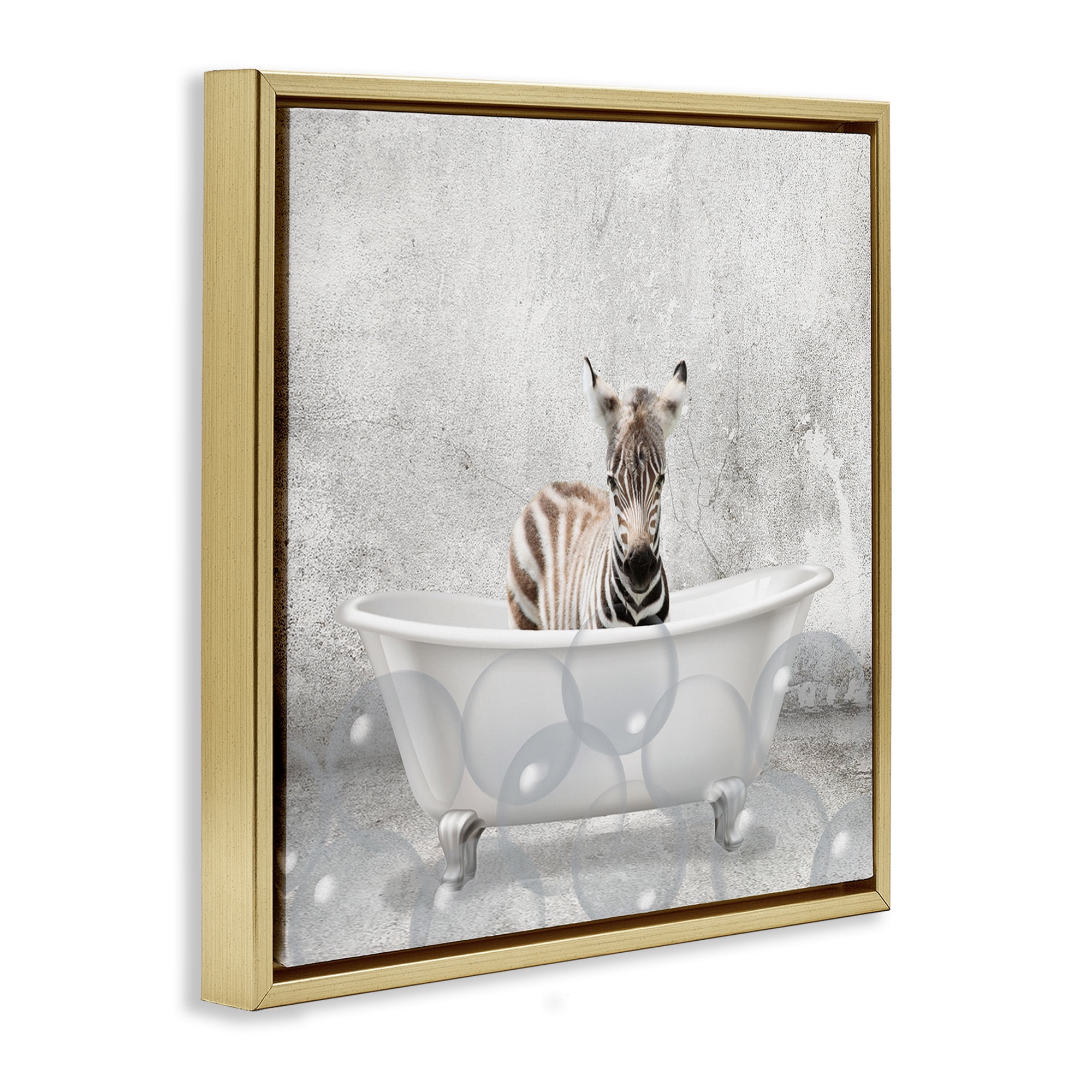 Stupell Industries Baby Zebra Bath Time Animals & Insects Painting Gold Floater Framed Canvas Art Print Wall Art, 18 x 18