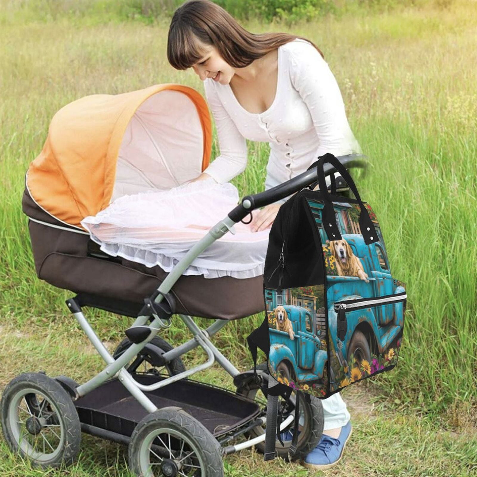 Fuzoiu Vintage Pickup Sunflower Dog Print Diaper Bag Backpack,Baby Essentials Travel Tote,Multi function Waterproof Diaper Bag, Travel Essentials Baby Bag - Unisex