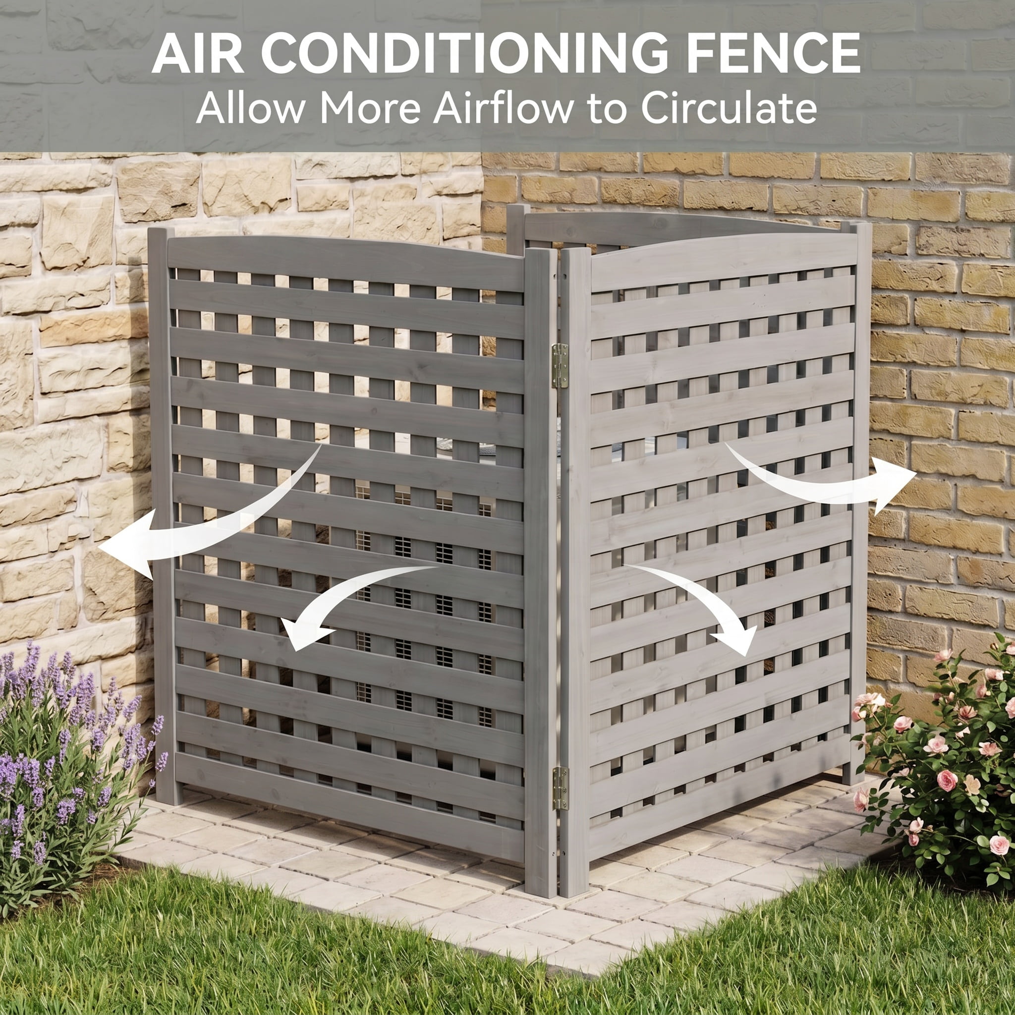 Outdoor Wood Privacy Fence 3-Panel 32W x 38H, Solid Wood Air Conditioner Screen with Slat Spacing for AC Unit Trash Can Pool Pump Enclosure, Gray