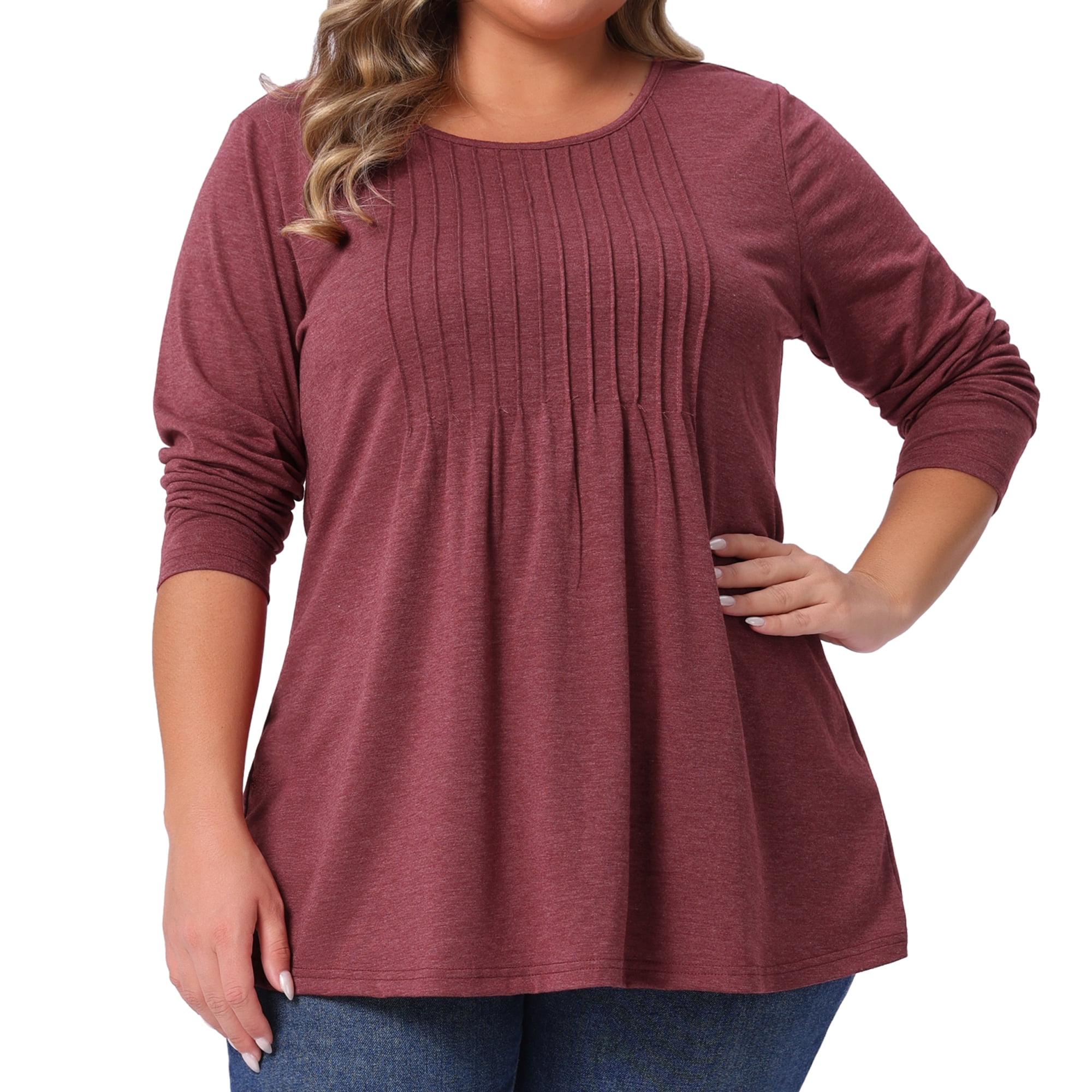 DARING DIVA Women's Plus Pleated Blouses Crew Neck Soft T-Shirt 3X Burgundy