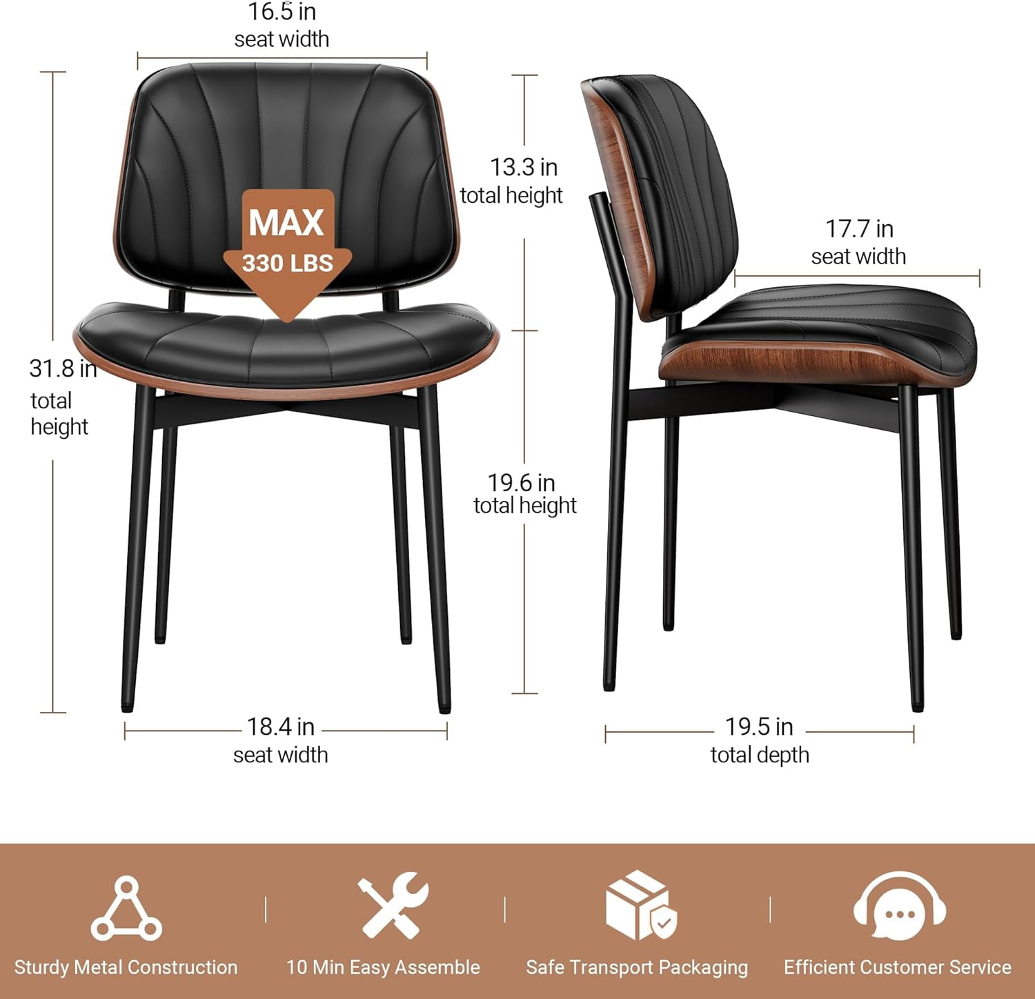 LainTene Modern Dining Room Chairs Set of 4, Faux Leather and Bentwood Design with Metal Legs, Ideal for Kitchen or Dining Space