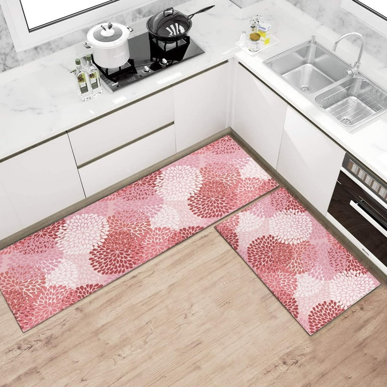 Pink Floral Kitchen Rug Mat, Pink Kitchen Rugs Sets Of 2 Washable