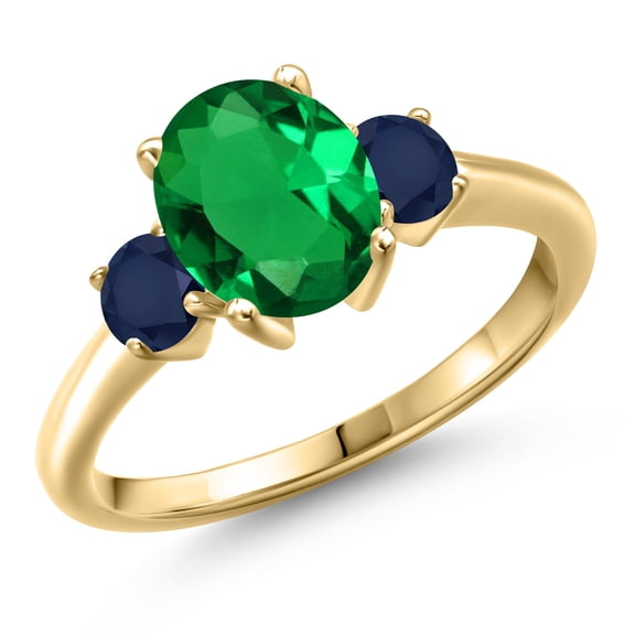 Gem Stone King 10K Yellow Gold Green Nano Emerald and Blue Sapphire Engagement Ring for Women | 2.20 Cttw | Oval 9X7MM | Gemstone May Birthstone | Size 5