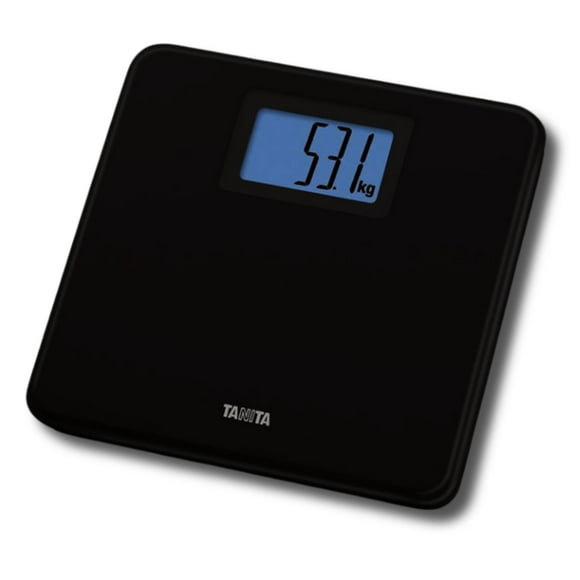 Báscula digital Tanita HD-662 (negra) - Báscula de baño de tecnología japonesa con capacidad de 150 kg - Pantalla LCD grande de 5 cm con retroiluminación azul - Precisa, duradera y con control de pie
